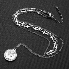 Vintage beauty head coin pendant stainless steel two layer necklace