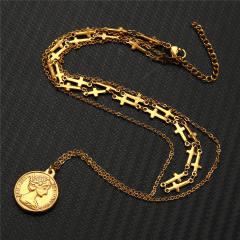 Vintage beauty head coin pendant stainless steel two layer necklace