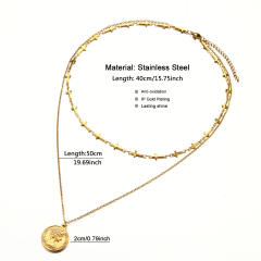 Vintage beauty head coin pendant stainless steel two layer necklace