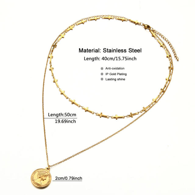 Vintage beauty head coin pendant stainless steel two layer necklace