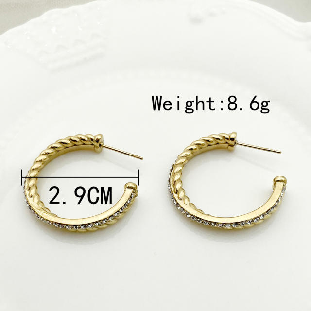 Easy match diamond open hoop stainless steel earrings