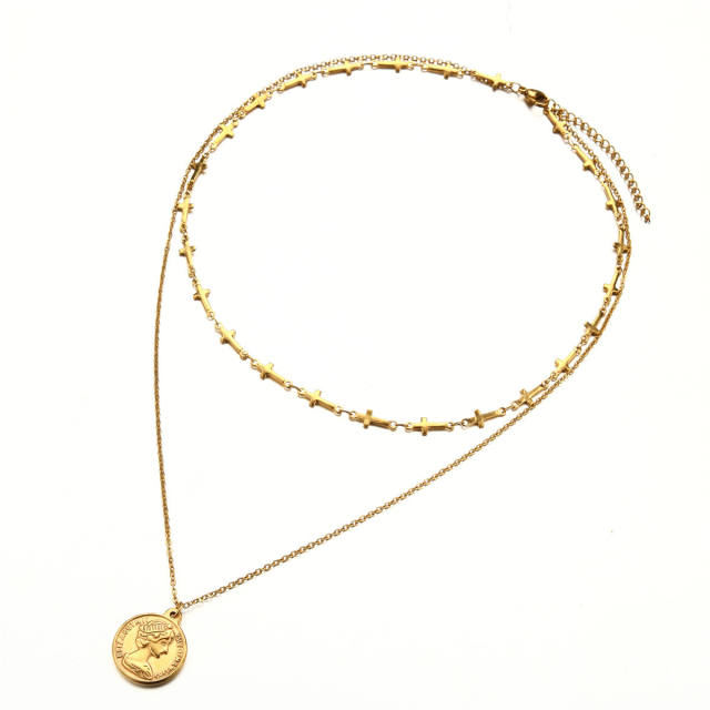 Vintage beauty head coin pendant stainless steel two layer necklace