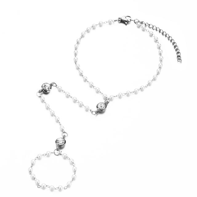 Delicate crystal bead pearl bead stainless steel ring bracelet
