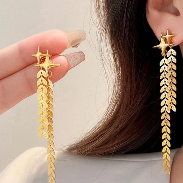 Gold color star wheat design tassel long earrings for women