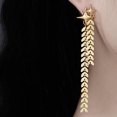 Gold color star wheat design tassel long earrings for women