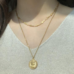 Vintage beauty head coin pendant stainless steel two layer necklace