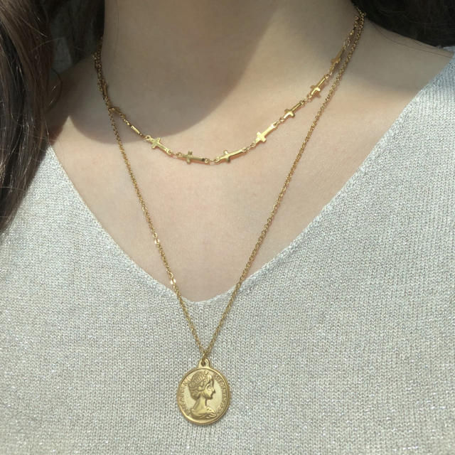 Vintage beauty head coin pendant stainless steel two layer necklace