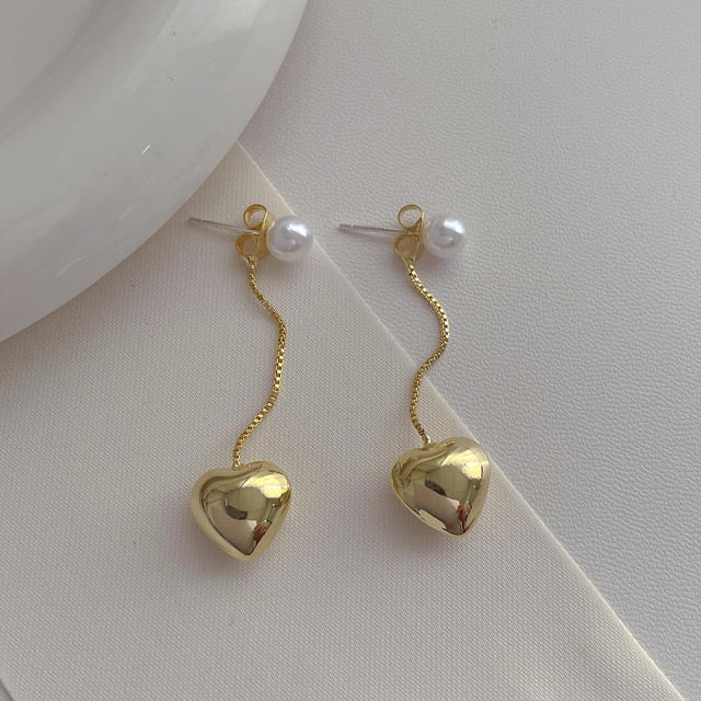925 needle real gold plated heart pearl bead dangle earrings jacket earrings