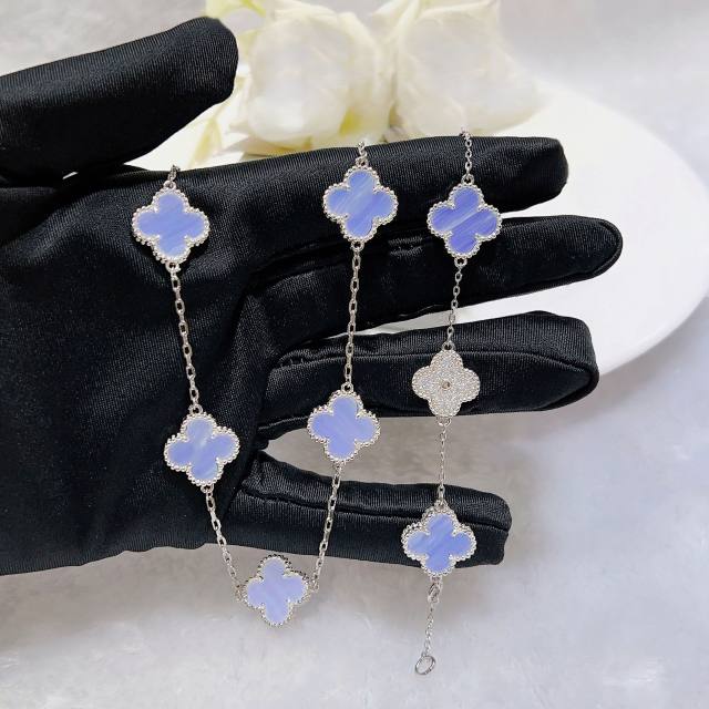 Classic pink light blue color clover diamond necklace bracelet studs earring set