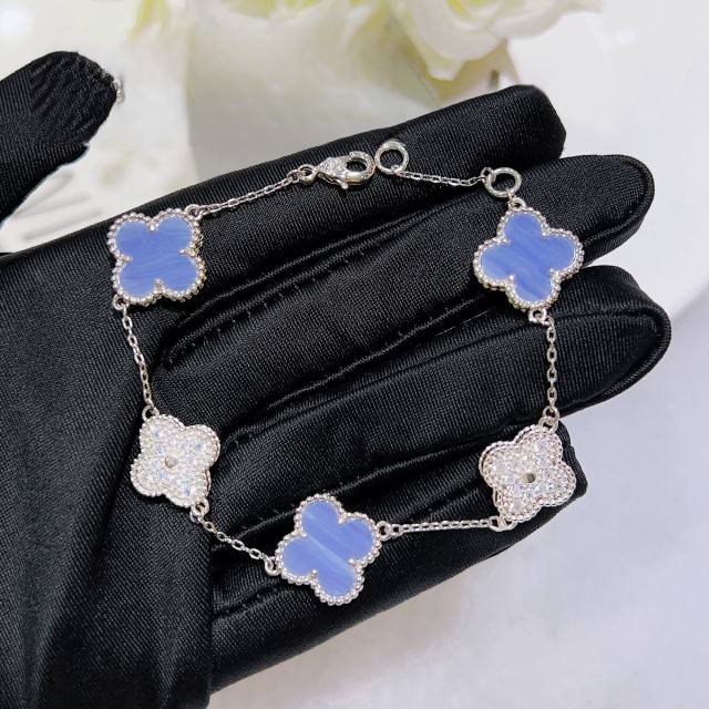 Classic pink light blue color clover diamond necklace bracelet studs earring set
