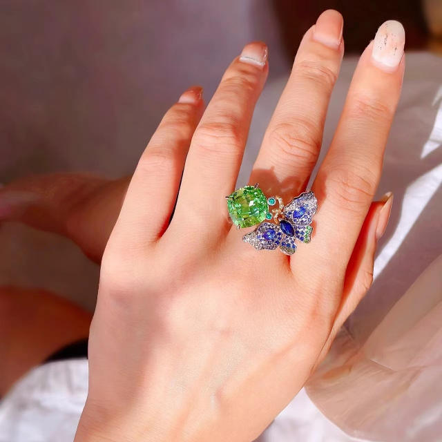 Luxury colorful cubic zircon butterfly flower statement women finger rings
