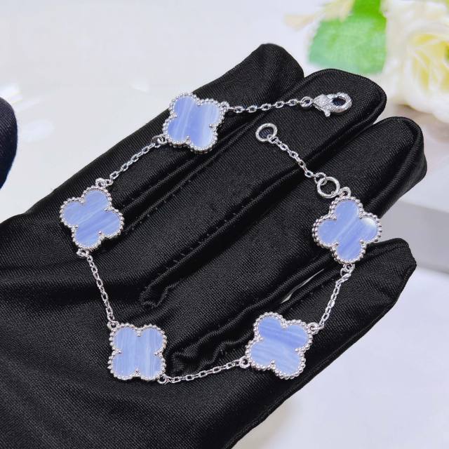 Classic pink light blue color clover diamond necklace bracelet studs earring set