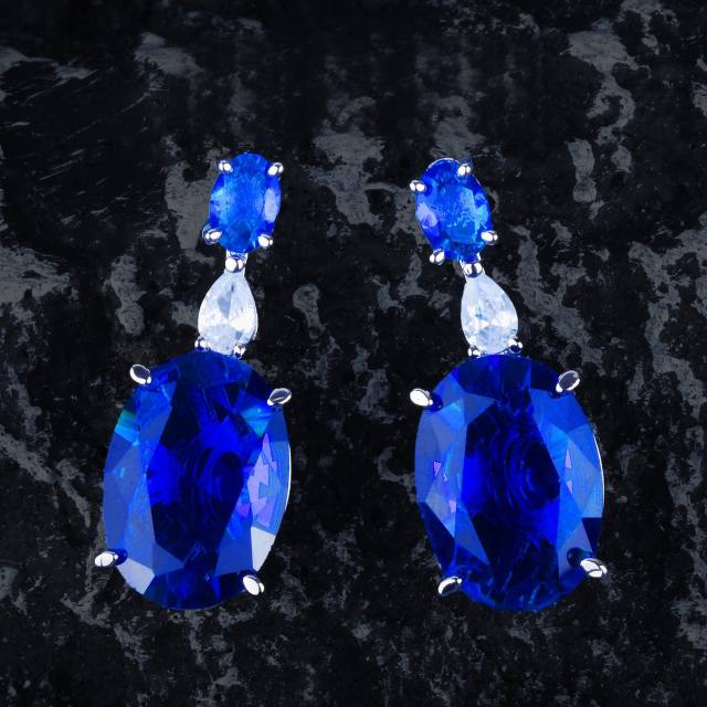 Luxury  oval shape cubic zircon ruby sapphire blue wedding necklace set