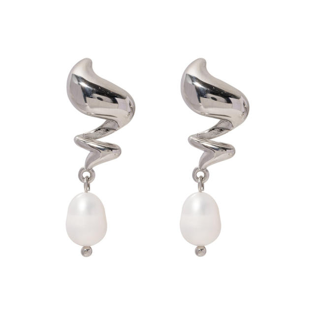 Silver color pearl drop stainless steel dangle earrings