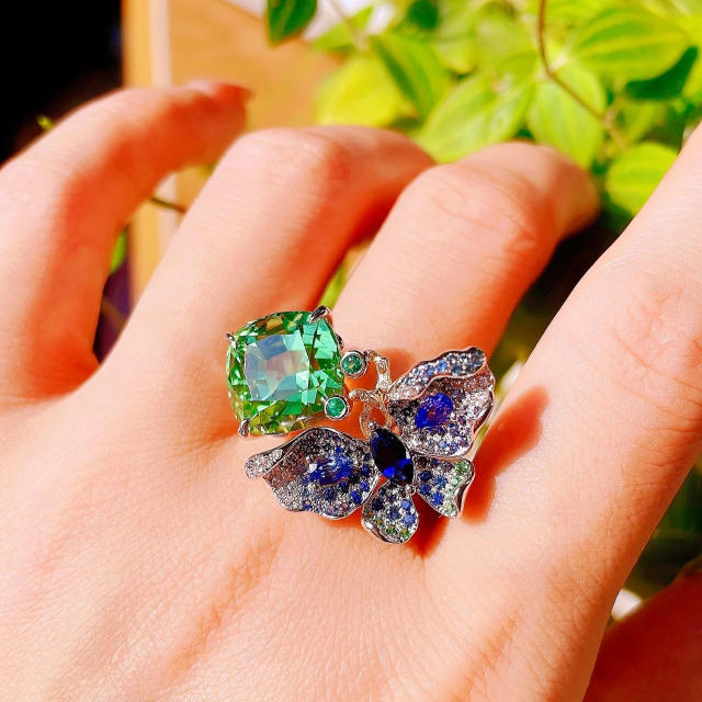 Luxury colorful cubic zircon butterfly flower statement women finger rings