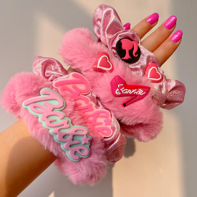 Sweet pink barbie girl fluffy shiny scrunchies