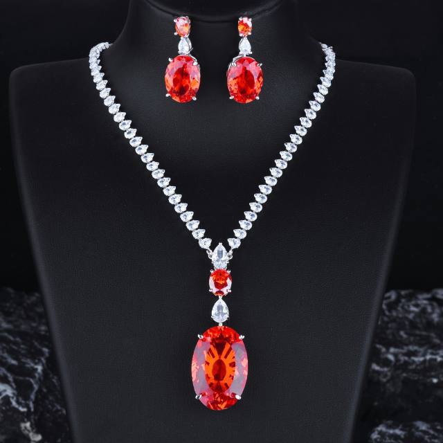 Luxury  oval shape cubic zircon ruby sapphire blue wedding necklace set