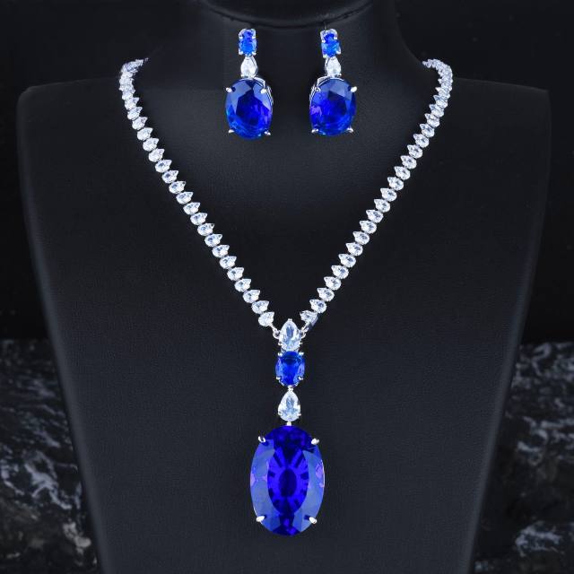 Luxury  oval shape cubic zircon ruby sapphire blue wedding necklace set