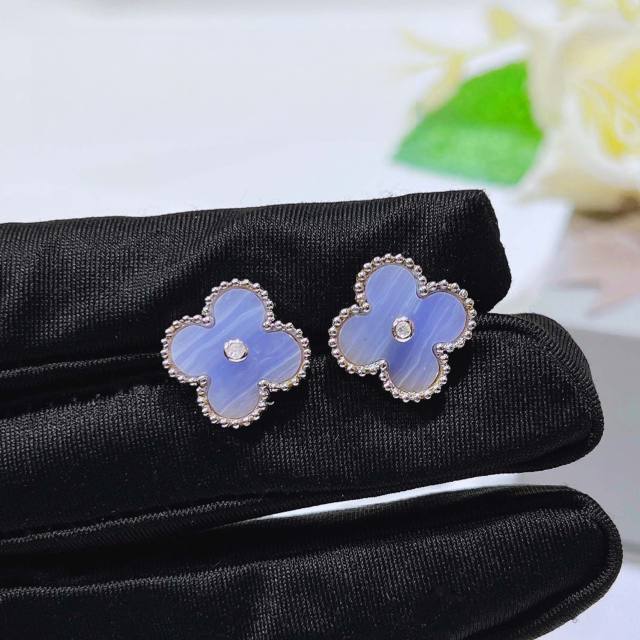 Classic pink light blue color clover diamond necklace bracelet studs earring set