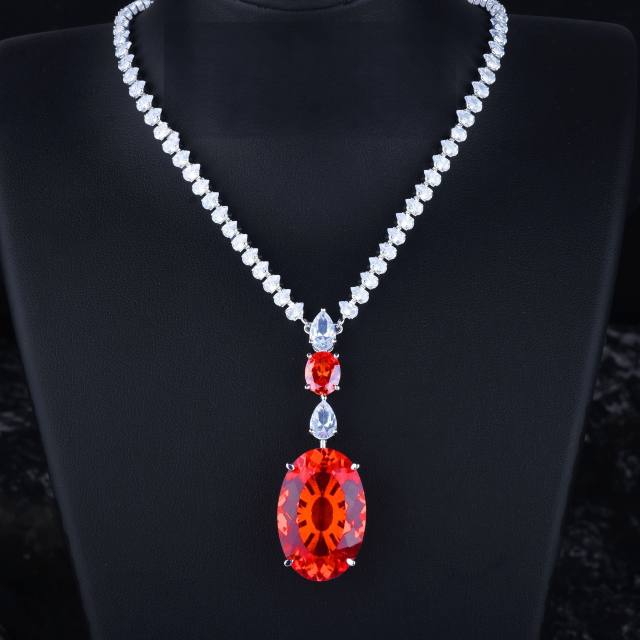 Luxury  oval shape cubic zircon ruby sapphire blue wedding necklace set