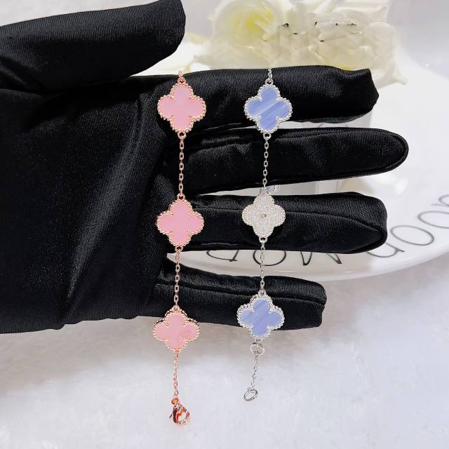 Classic pink light blue color clover diamond necklace bracelet studs earring set