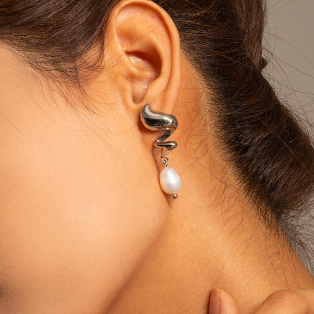 Silver color pearl drop stainless steel dangle earrings