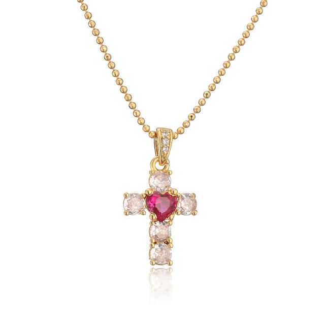 Delicate red heart diamond cross copper necklace huggie earrings set
