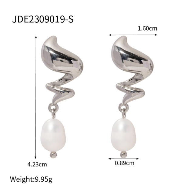 Silver color pearl drop stainless steel dangle earrings