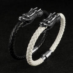Punk style stainless steel dragon 6mm leather bracelet for men