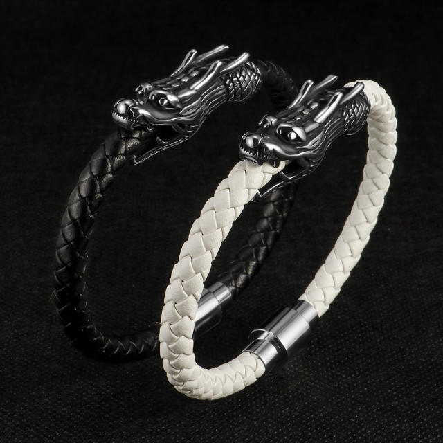 Punk style stainless steel dragon 6mm leather bracelet for men