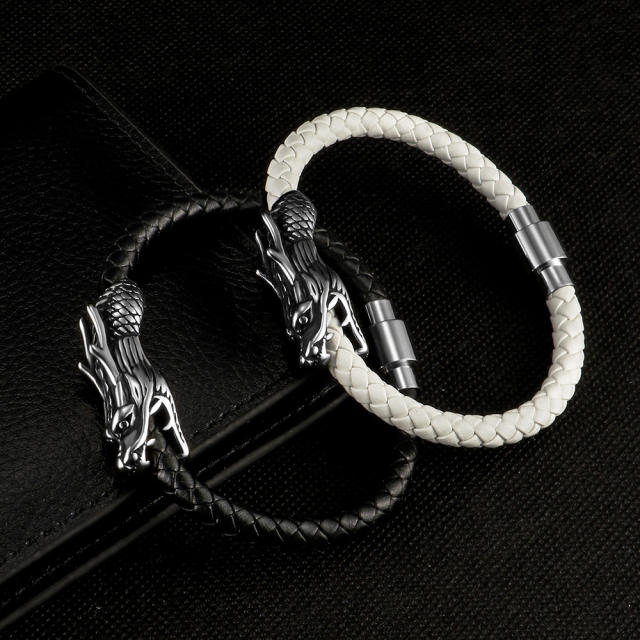 Punk style stainless steel dragon 6mm leather bracelet for men