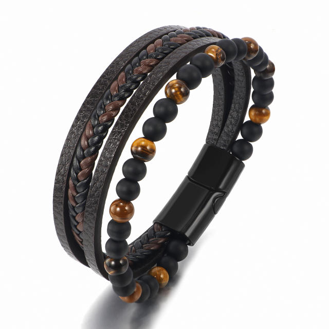Hot sale natural tiger eye stone bead pu leather multi layer bracelet for men