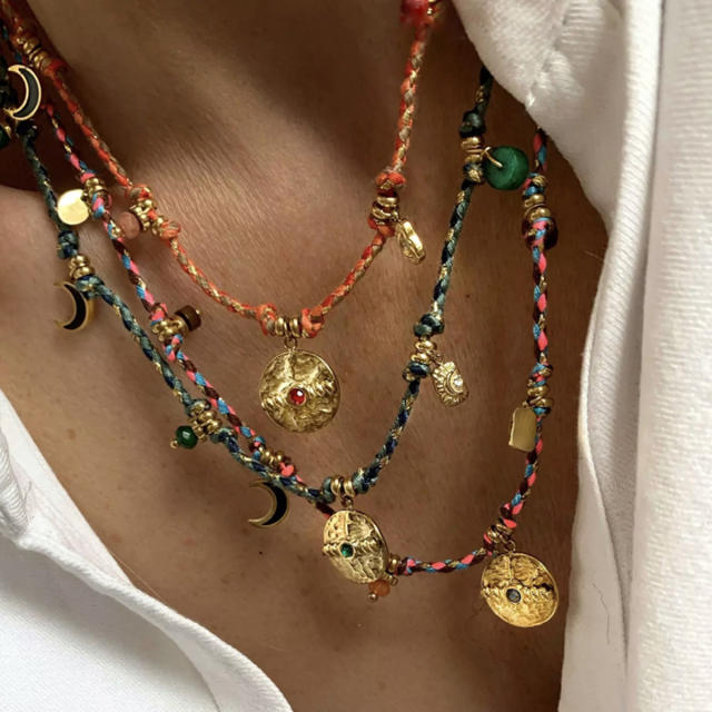 Vintage coin pendant braid rope boho stainless steel necklace