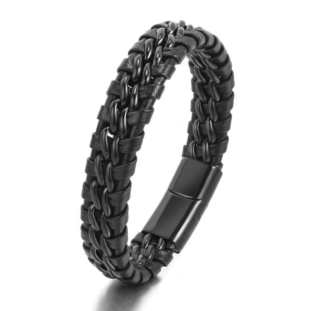 Vintage stainless steel chain pu leather braid men bracelet