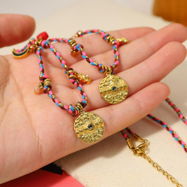 Vintage coin pendant braid rope boho stainless steel necklace