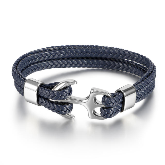 Hot sale stainless steel anchor PU leather men bracelet