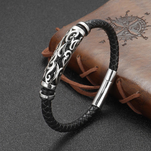 Viking hollow out stainless steel tube PU leather men bracelet