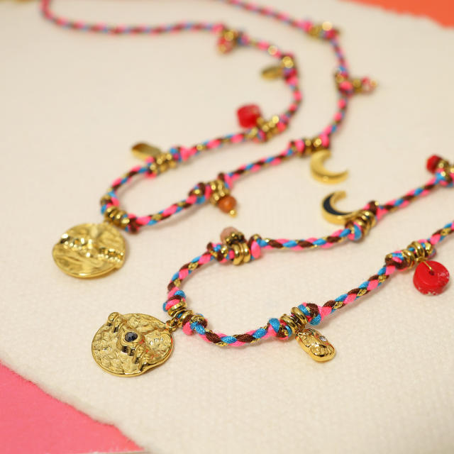 Vintage coin pendant braid rope boho stainless steel necklace