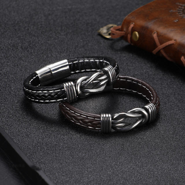Easy match stainless steel knot PU leather men bracelet