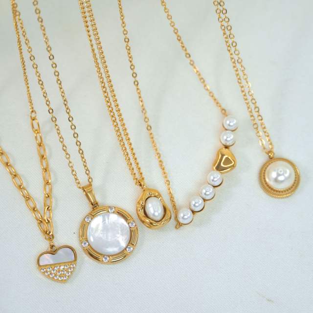 Dainty pearl bead mother shell heart pendant stainless steel necklace
