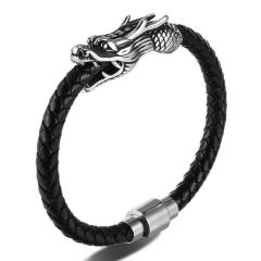 Punk style stainless steel dragon 6mm leather bracelet for men