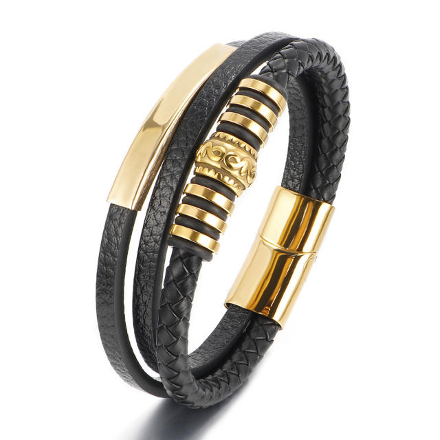 Vintage layer PU leather stainless steel bracelet for men