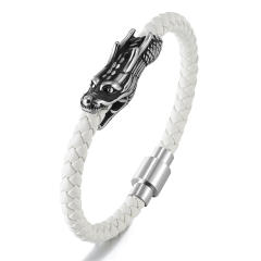 Punk style stainless steel dragon 6mm leather bracelet for men