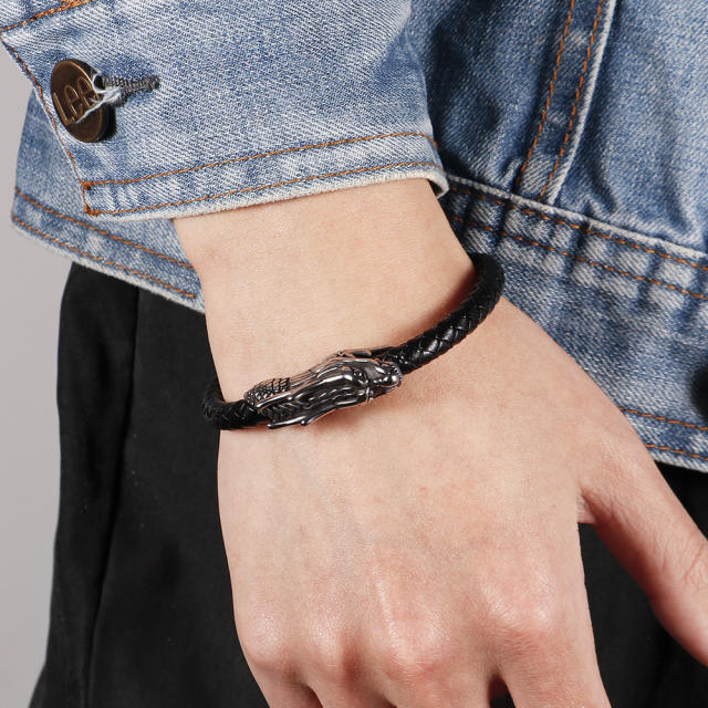 Punk style stainless steel dragon 6mm leather bracelet for men