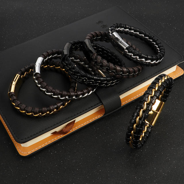 Vintage stainless steel chain pu leather braid men bracelet