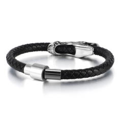 Punk style stainless steel dragon 6mm leather bracelet for men