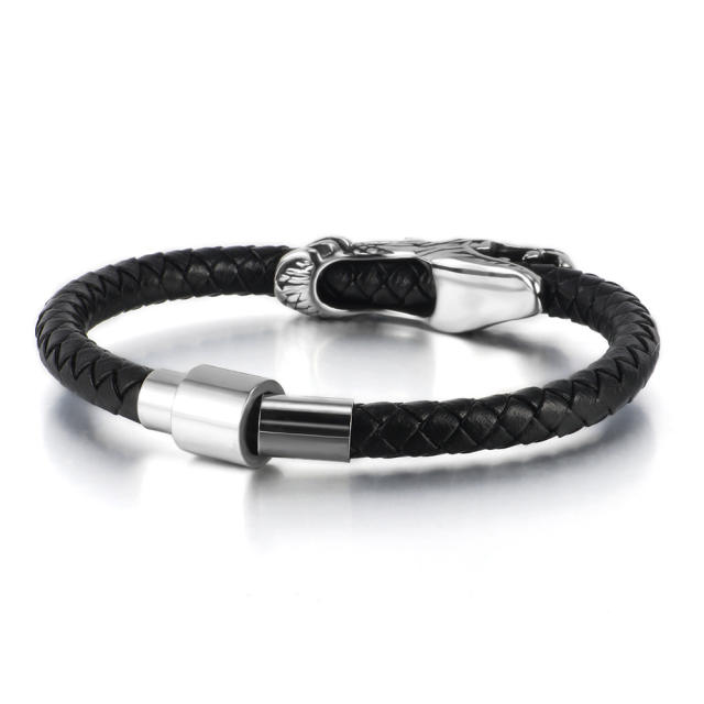 Punk style stainless steel dragon 6mm leather bracelet for men