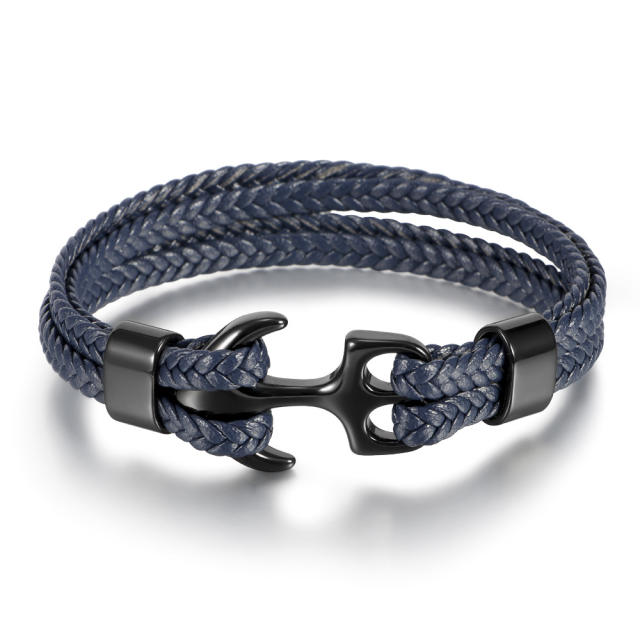 Hot sale stainless steel anchor PU leather men bracelet