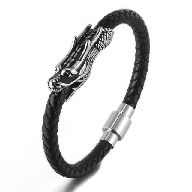 Punk style stainless steel dragon 6mm leather bracelet for men