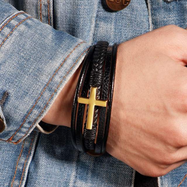 Classic hot sale cross PU leather men bracelet